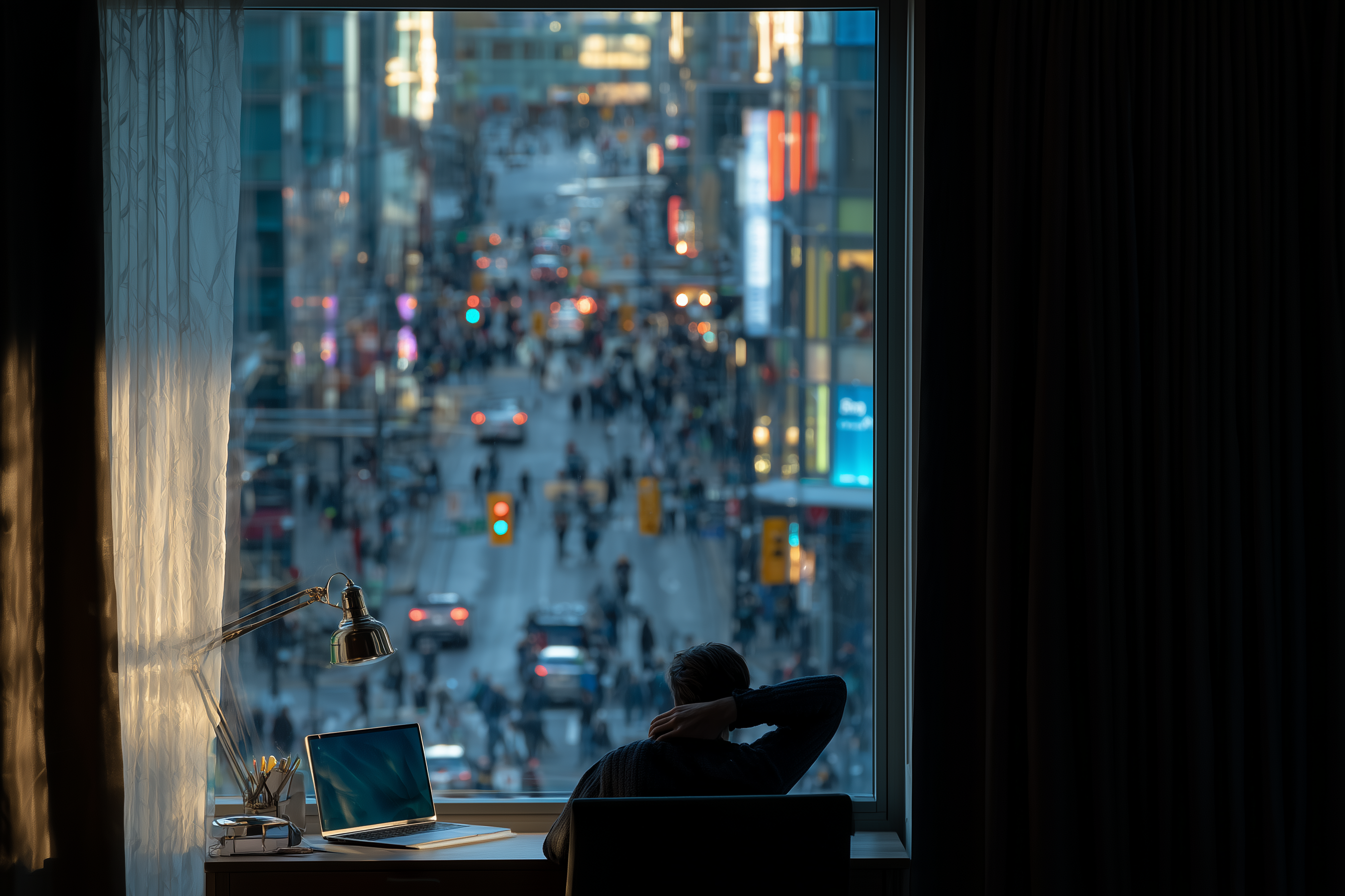 Home office z dużym oknem i intensywnym światłem dziennym