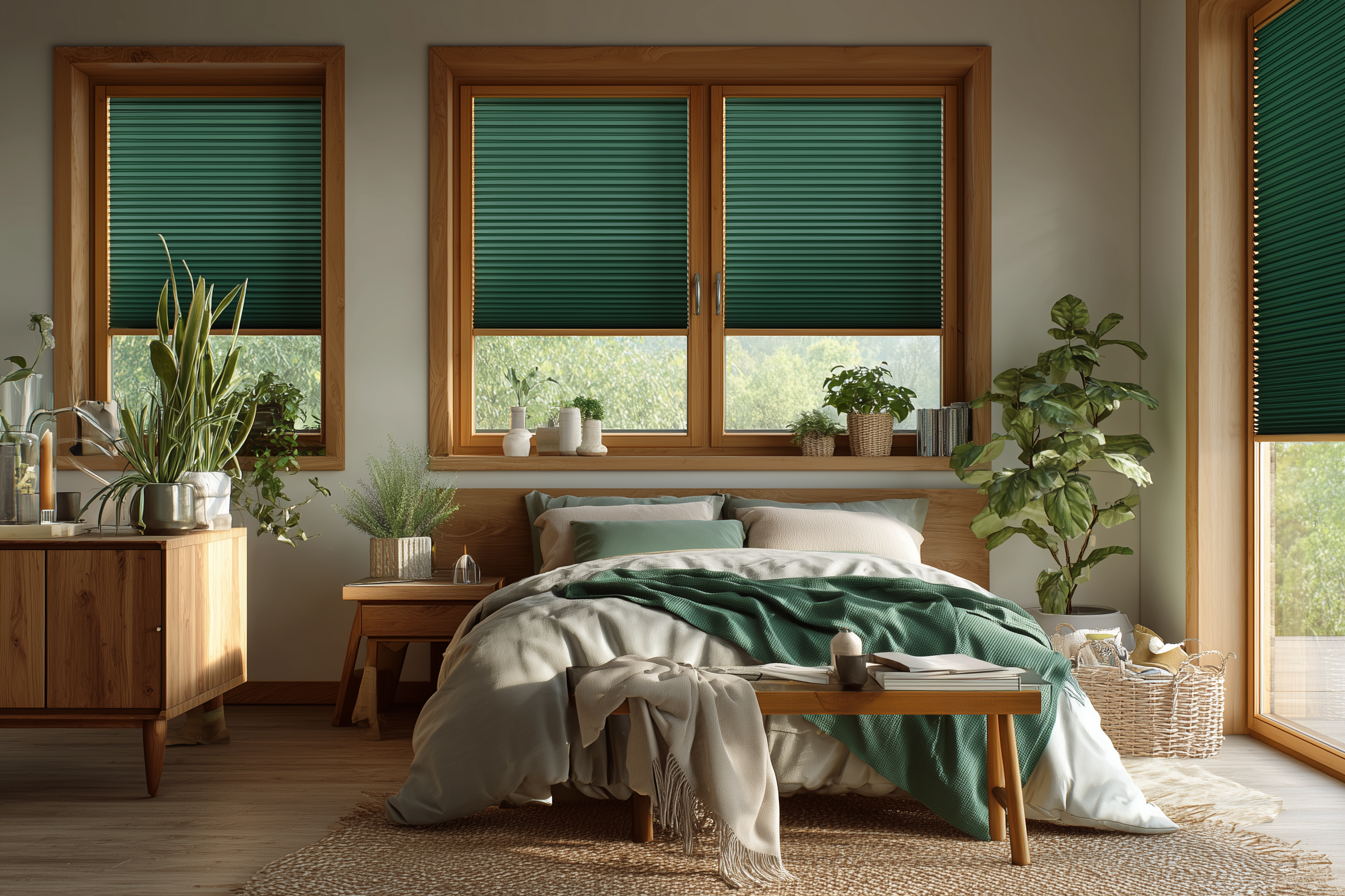 Rolety plisowane w kolorze butelkowej zieleni i szarości