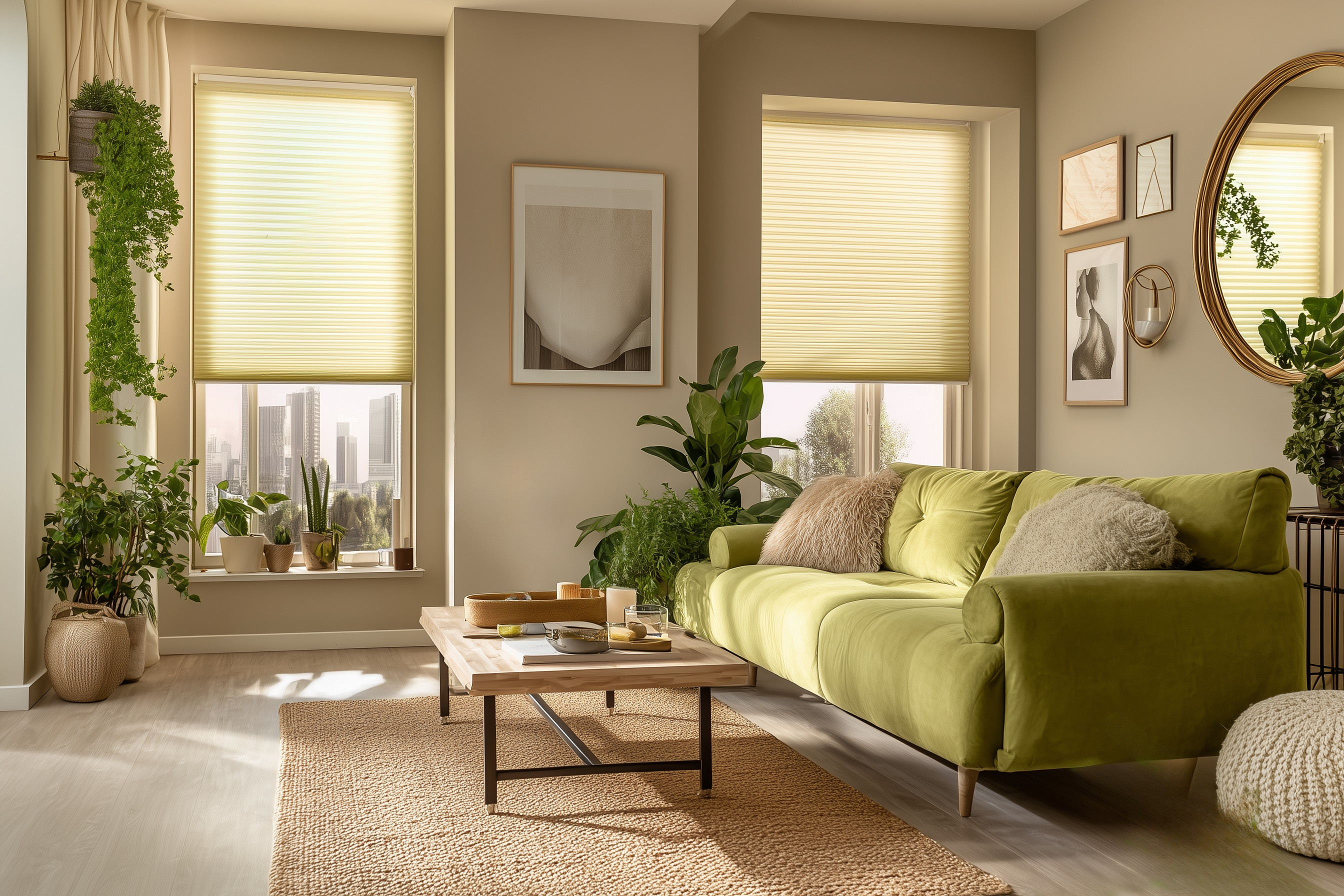 Rolety plisowane w spokojnym, minimalistycznym wnętrzu