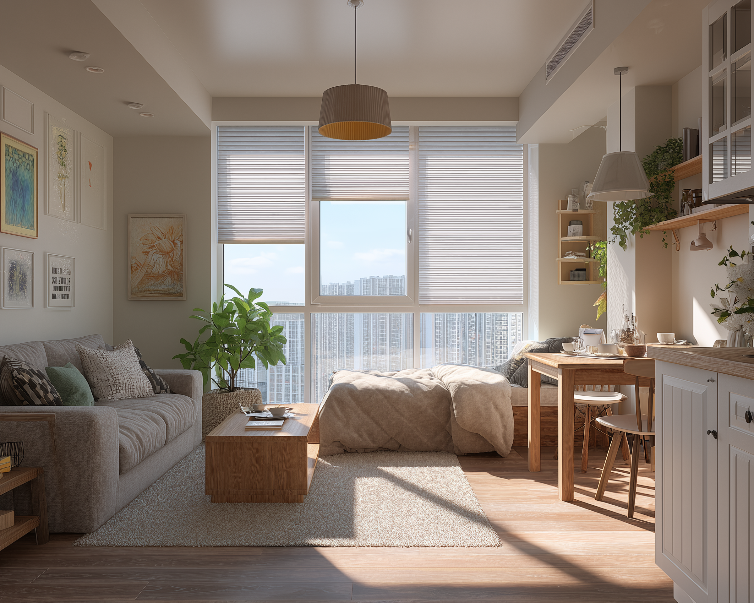 Nowoczesne mieszkanie typu studio z jasną aranżacją