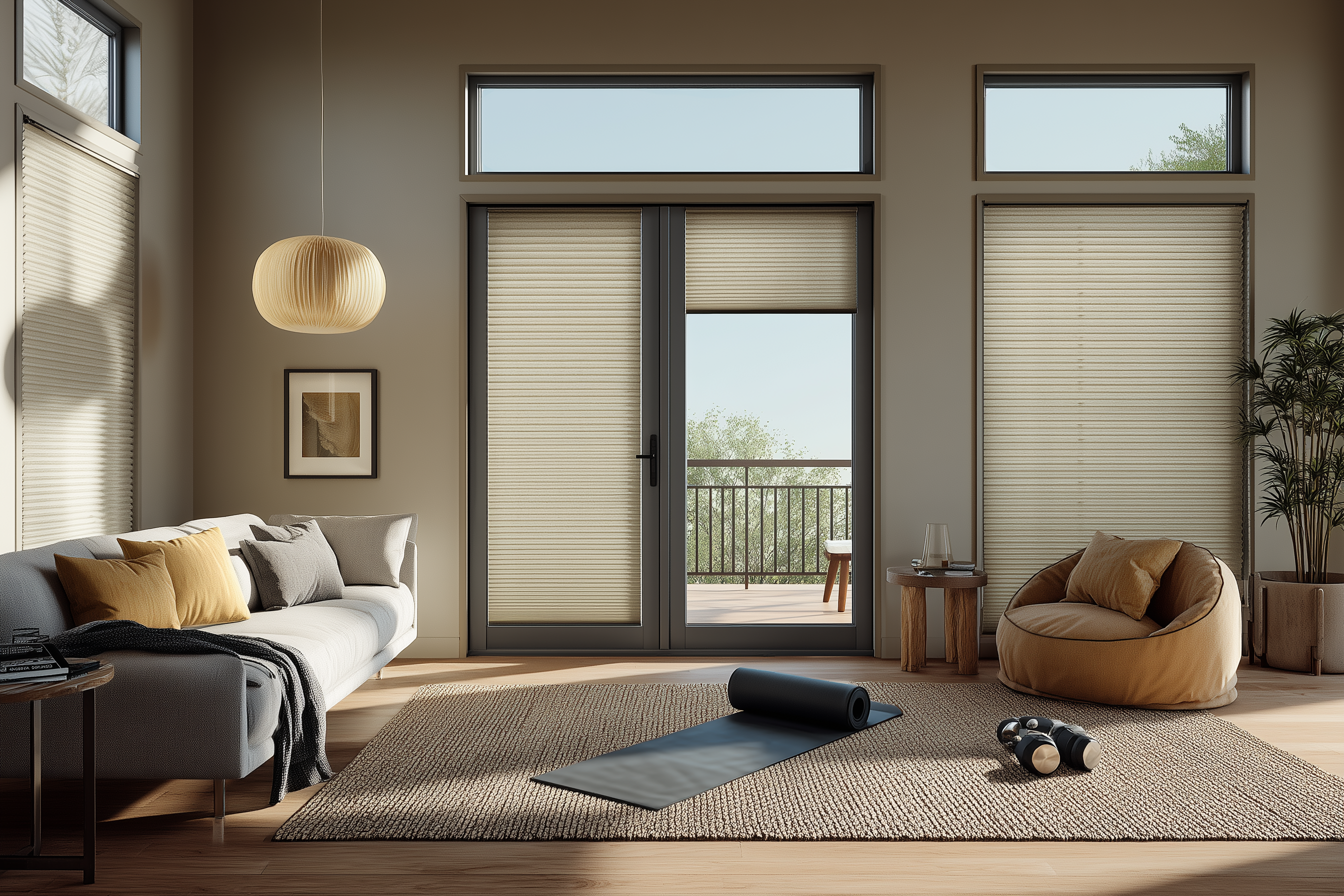 Domowa strefa treningu w salonie z plisami w oknach