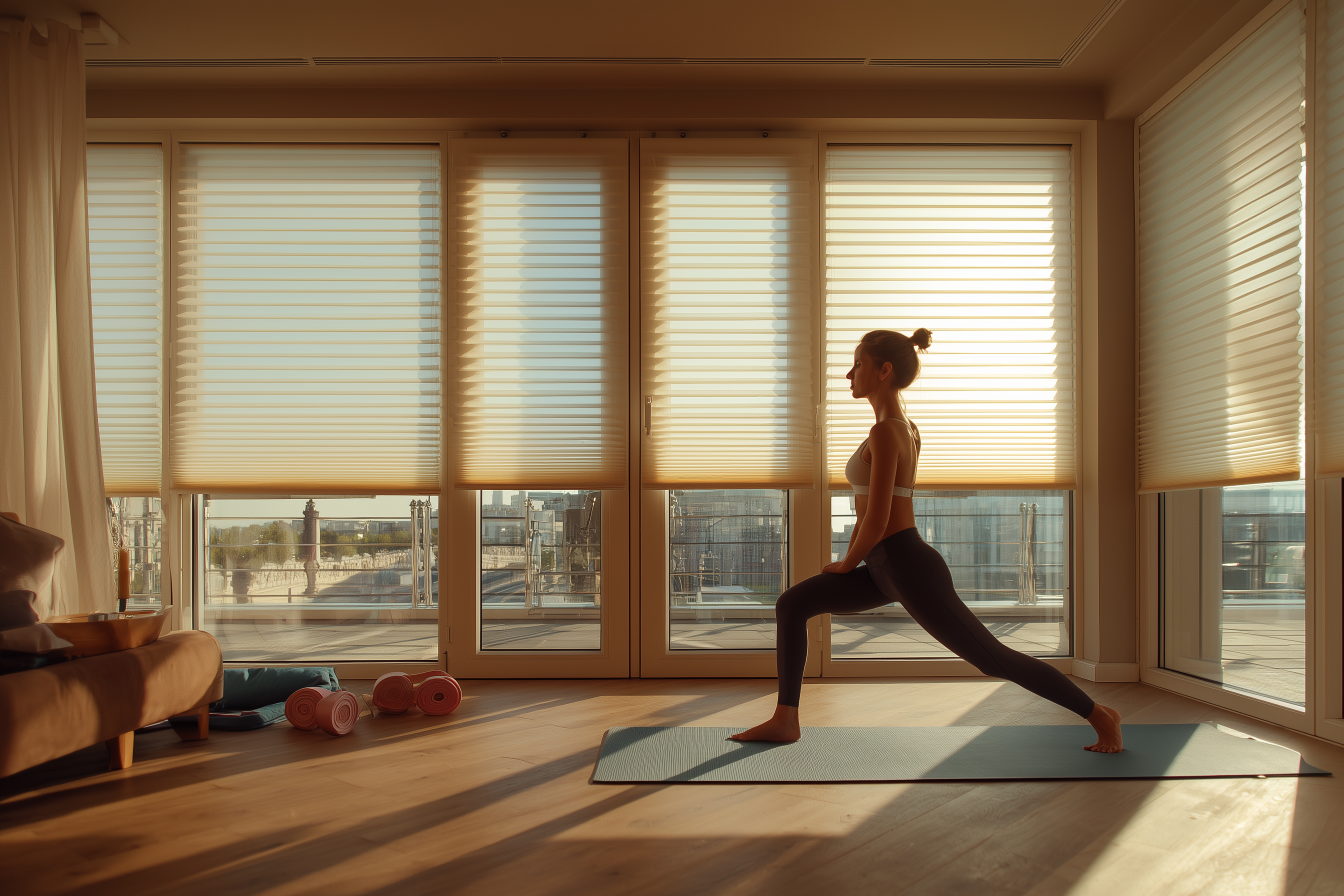 Ćwiczenia w salonie przy dużym oknie balkonowym